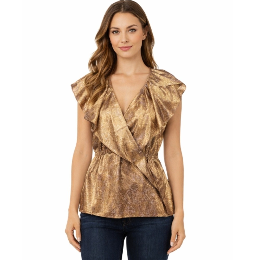 BCBGMAXAZRIA Womens Gold Jacquard‎ Woven Wrap Peplum Top Medium